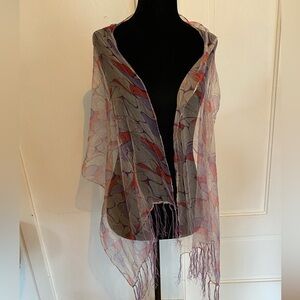 3 for 15$! Sheer Silk Multicolour Pink and Purple Abstract Scarf with Fringe